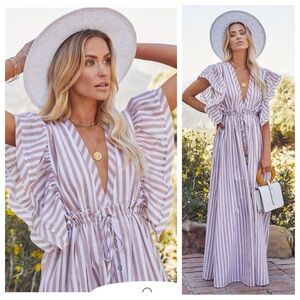 Aakaa V Neck Ruffle Plunge V Neck Striped Cotton Maxi Dress Tan White small